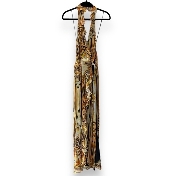 Tamsen Y2K Designer Gold/Brown Abstract Print Ruffle Halter Silk Gown NWT - Picture 7 of 16